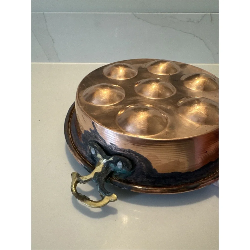 French Style Copper Escargot Pan Tin Lined Round  Brass Handle 8